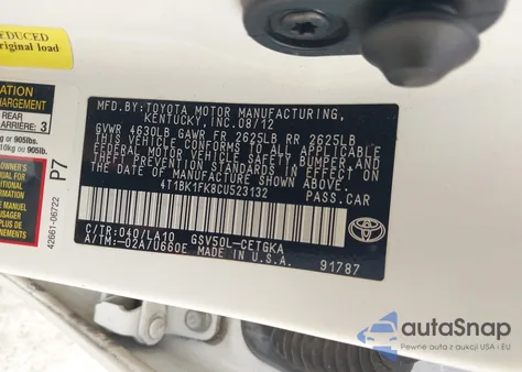 2012 Toyota Camry Xle V6 z USA, uszkodzony, nr VIN 4T1BK1FK8CU523132